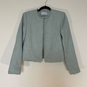 Calvin Klein Tweed Jacket Blazer Size 6 Womans Green Fringe Open Front Pockets